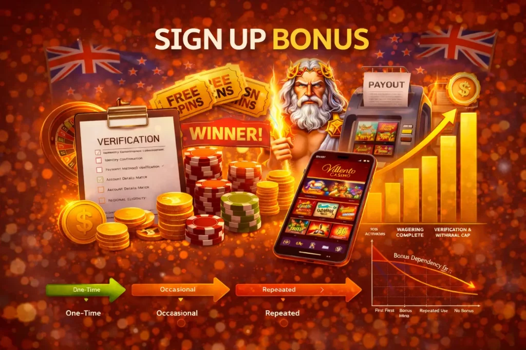Sign up bonus at Villento Casino with verification steps, free spins, wagering progress and mobile gameplay for New Zealand players