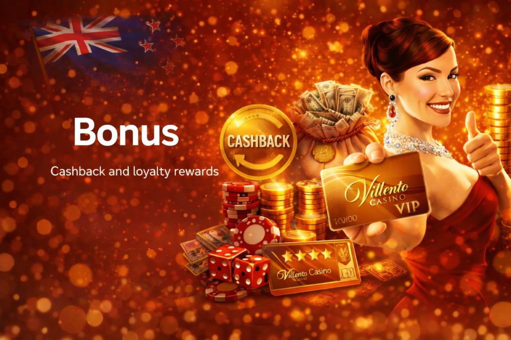 Villento Casino bonus page banner with cashback rewards, VIP loyalty card, red and gold design for New Zealand players