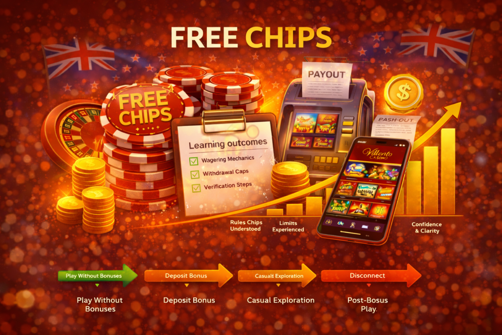 Free chips at Villento Casino showing wagering mechanics, withdrawal caps, verification steps and mobile casino gameplay for New Zealand players