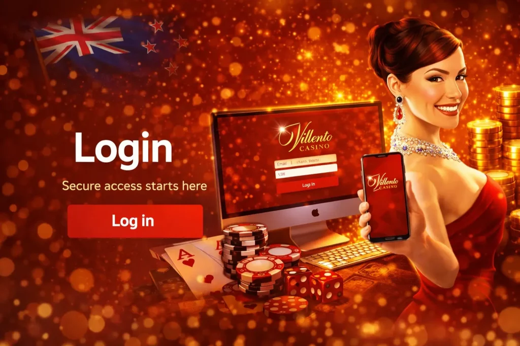 Villento Casino login page with secure account access, red and gold design, desktop and mobile login interface for New Zealand players