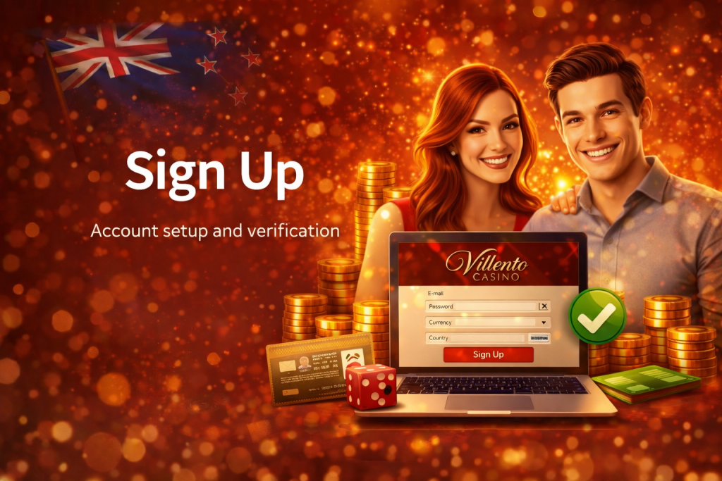 Villento Casino sign up page with account registration form, red and gold design, secure account setup for New Zealand players