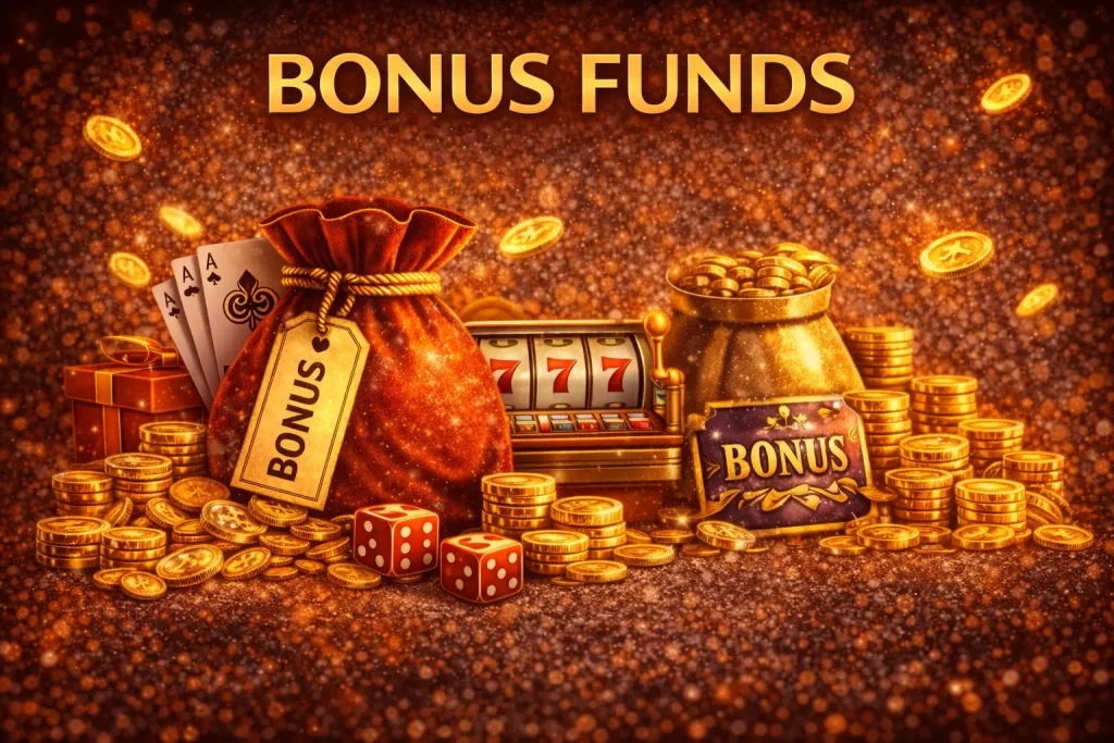 Bonus funds casino illustration with gold coins, slot machine, dice and bonus bags, representing promotional balance and wagering mechanics