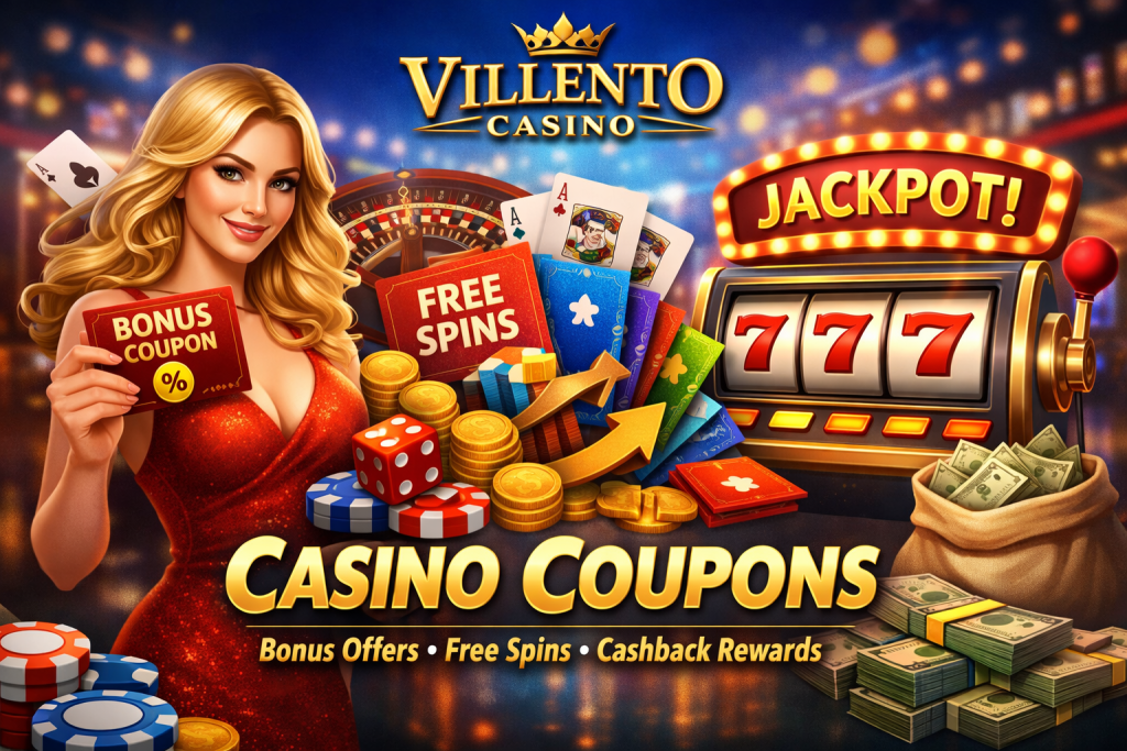 Villento Casino bonus coupons banner featuring golden chips, free spins card, jackpot slot machine and official Villento Casino red-gold logo