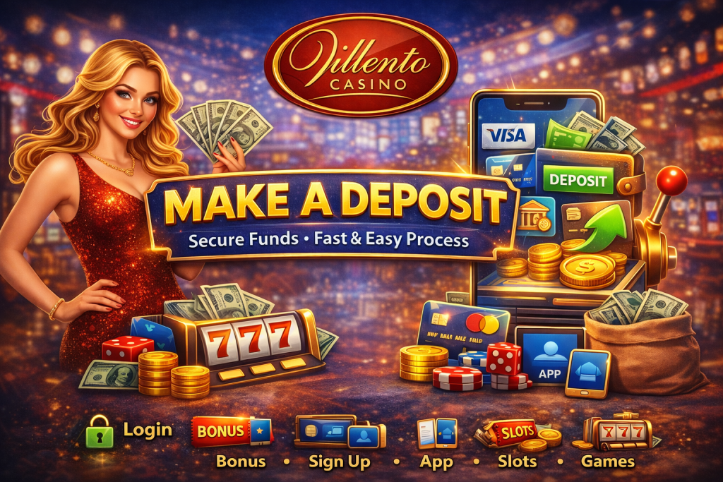 Make a Deposit page banner for Villento Casino featuring secure payment methods, gold coins, slot machine and mobile banking interface for New Zealand players