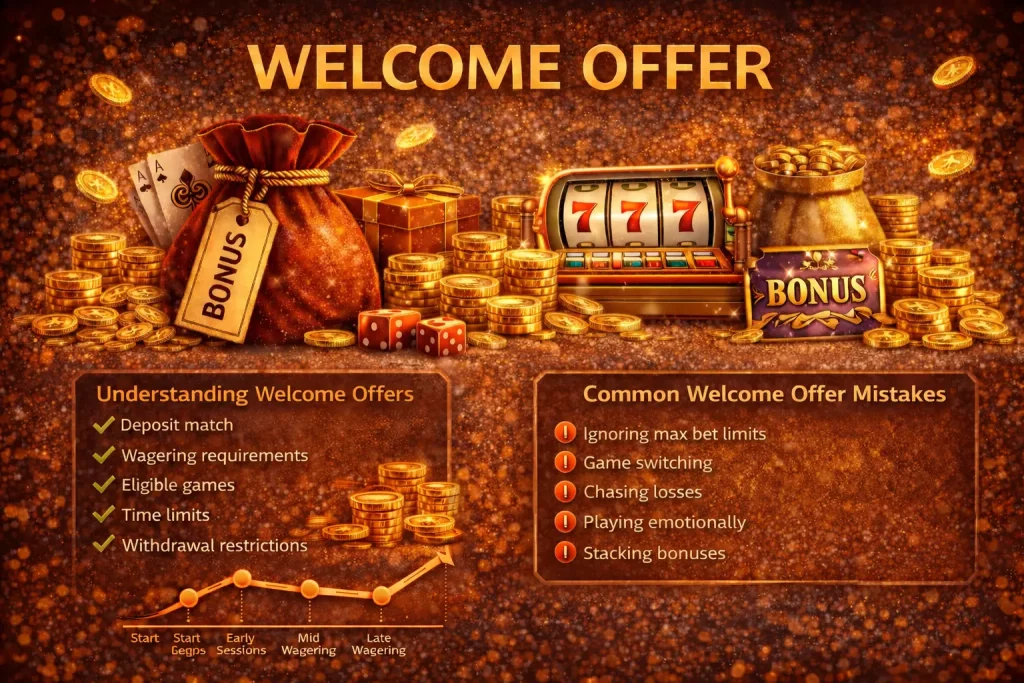 Welcome Offer at Villento Casino with bonus funds, gold coins, slot machine and welcome bonus elements for new players