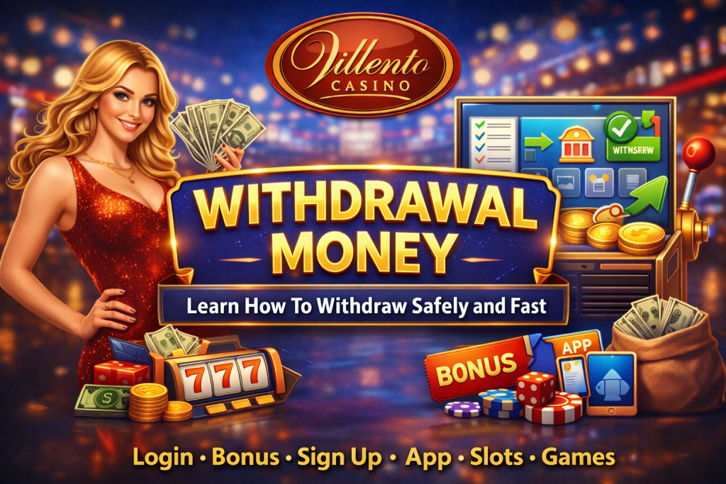 Villento Casino Withdrawal Money banner featuring secure payout process, cash graphics, gold elements, and fast withdrawal message for New Zealand players.