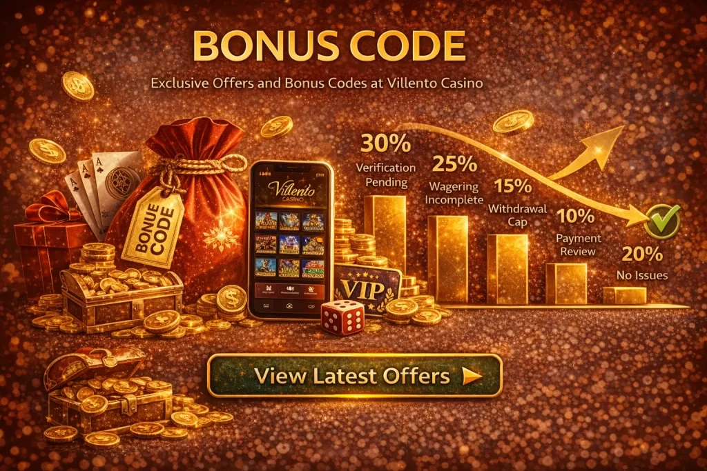 Bonus code promotion at Villento Casino featuring gold coins, a bonus bag, smartphone casino interface, and visual indicators explaining wagering, verification, and withdrawal conditions.