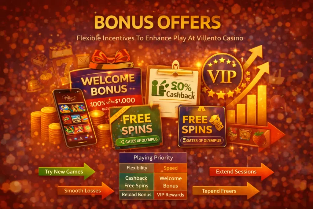 Bonus offers at Villento Casino – welcome bonuses, cashback rewards, free spins and VIP incentives for New Zealand players.