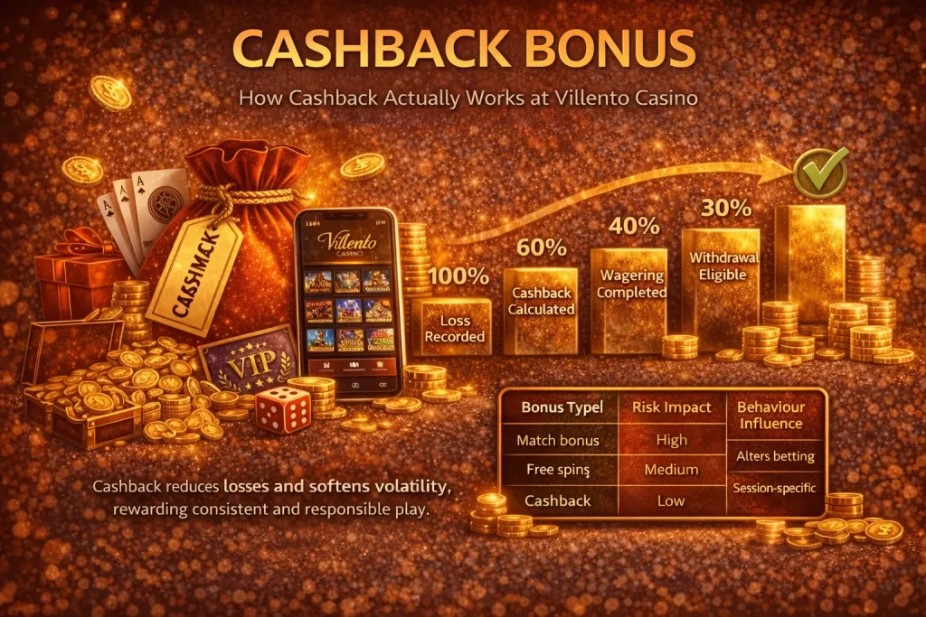 Cashback bonus at Villento Casino with coins, VIP rewards, and visual steps explaining how cashback works for players