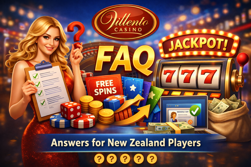 Villento Casino FAQ banner with golden FAQ text, slot machine, poker chips, free spins card and official Villento Casino logo for New Zealand players