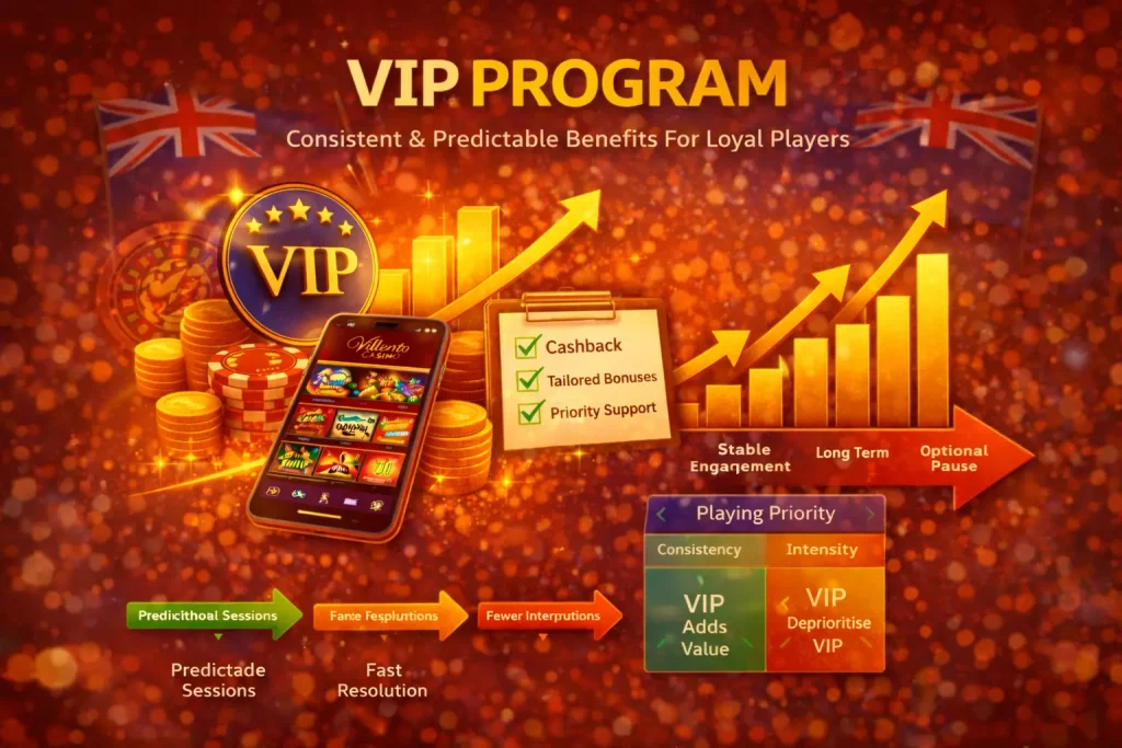 VIP program at Villento Casino with loyalty rewards, cashback bonuses, priority support and premium player benefits for New Zealand users
