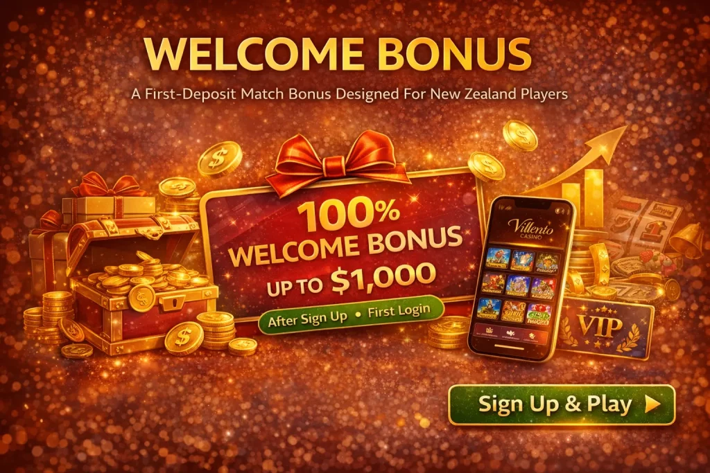 Welcome bonus at Villento Casino showing first deposit match, bonus wagering progress and mobile casino gameplay for New Zealand players