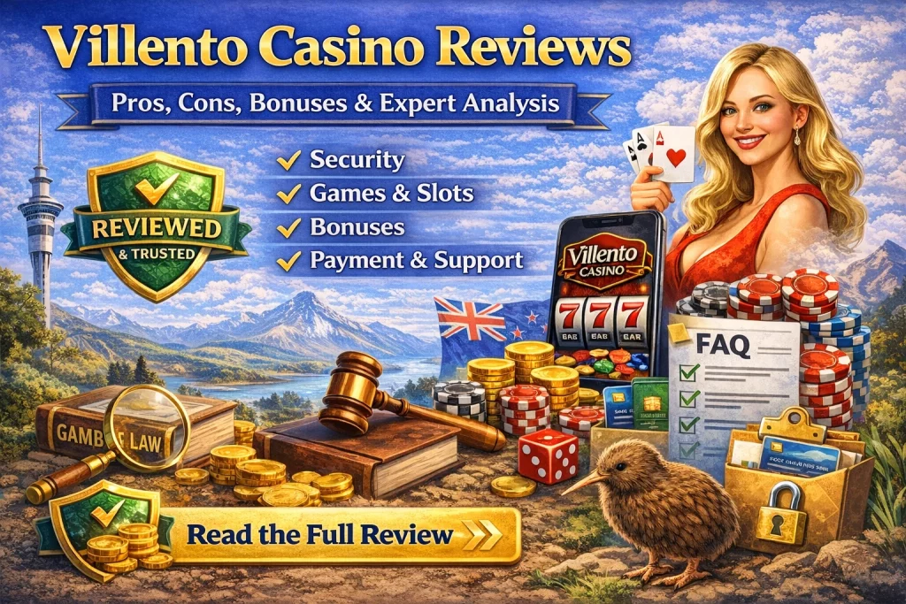 Villento Casino Reviews – A promotional illustration featuring a New Zealand landscape with the Sky Tower, casino icons, a smiling woman holding playing cards, and a ‘Read the Full Review’ button. Key topics include security, bonuses, and customer support.