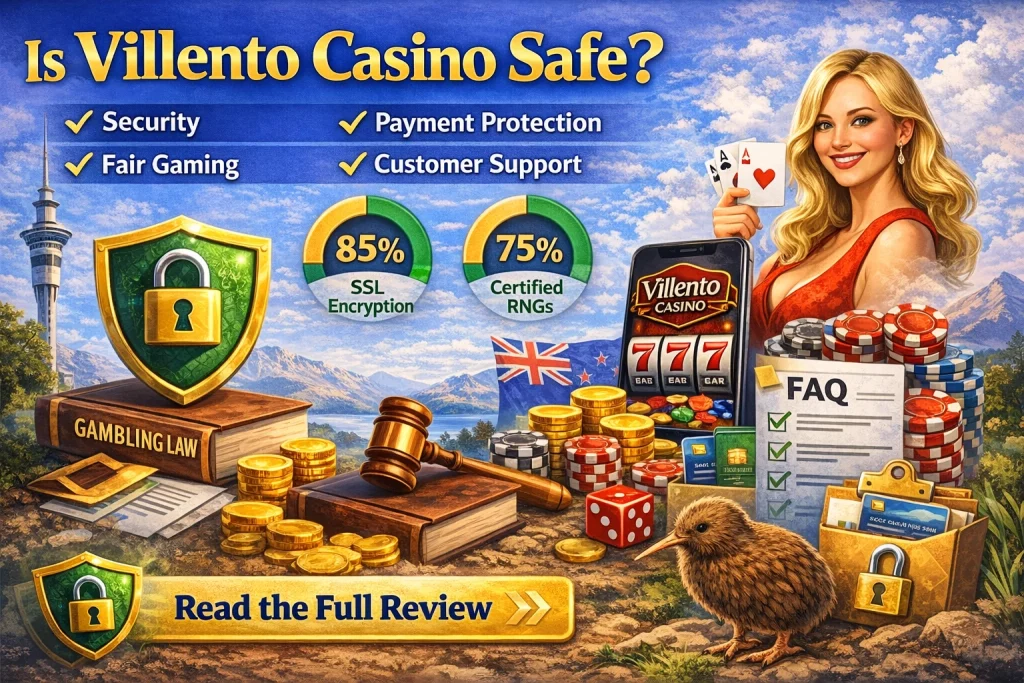 "Is Villento Casino Safe? – A digital illustration showcasing key safety features like SSL encryption, certified RNGs, and payment protection, with a background featuring New Zealand landmarks and casino elements