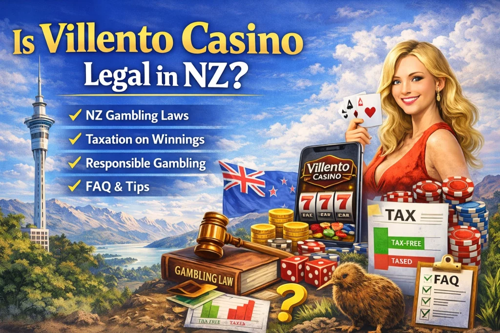 Villento Casino Legal in NZ – A detailed guide showcasing gambling laws, taxation, and responsible gambling, with vibrant New Zealand imagery including the Sky Tower, kiwi bird, and poker elements.