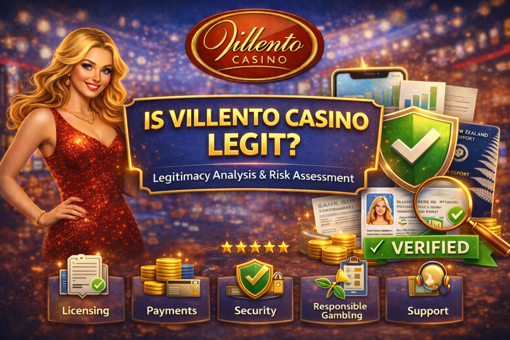 Villento Casino legitimacy banner showing licensing, payments, security, and responsible gambling elements with verified badge and casino background.